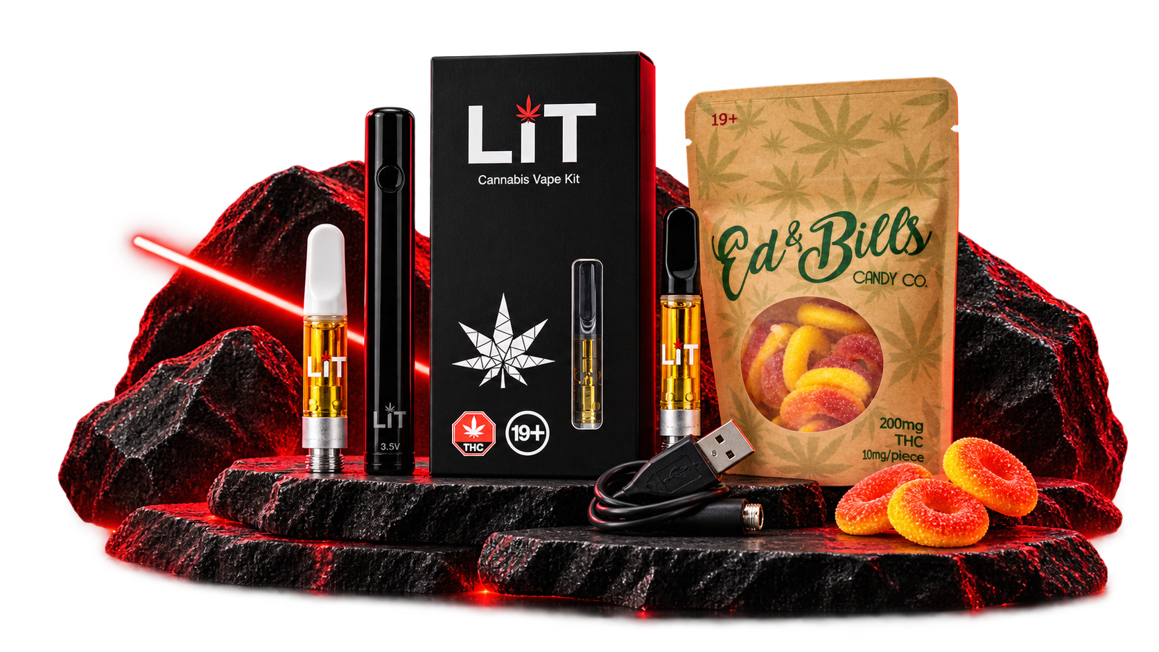 LiT THC and CBD vape cartridges, cannabis vape kit and THC gummies