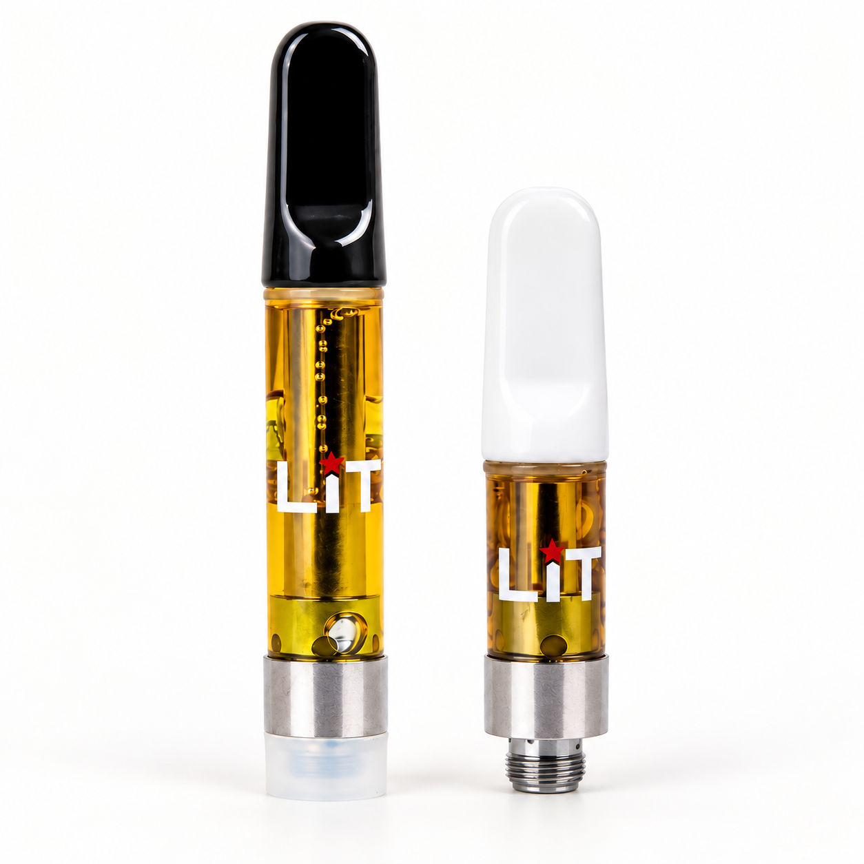 Real LiT 1000mg cartridge with black mouthpiece beside real 500mg cartridge with white mouthpiece