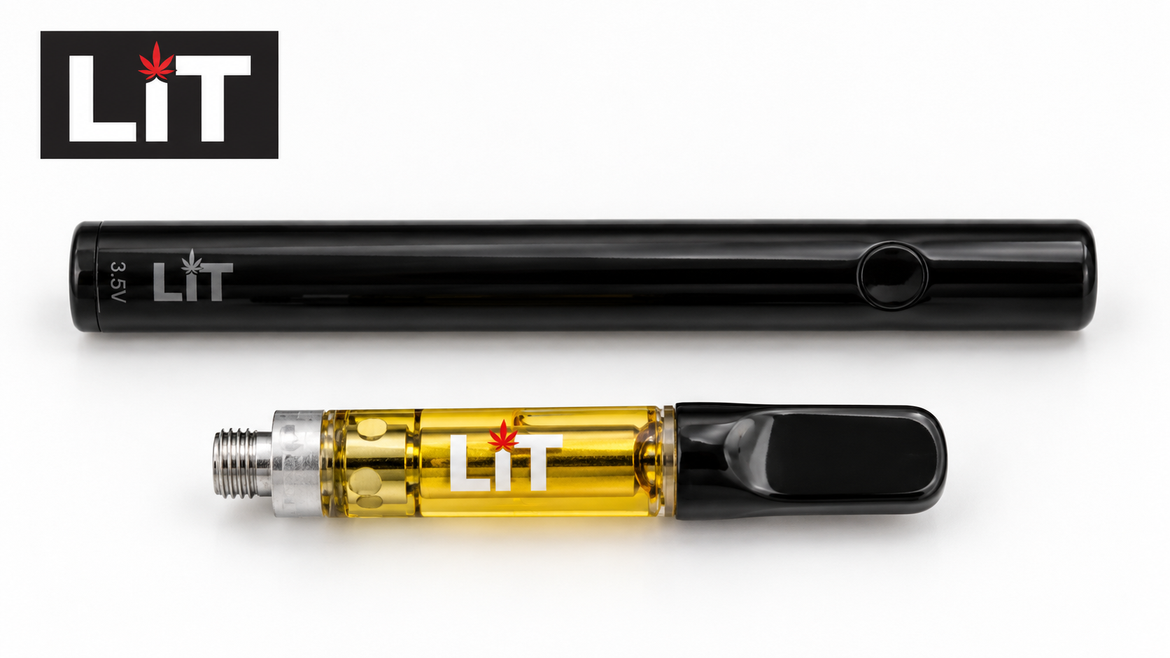 Actual LiT pen battery pictured separately from an actual LiT cartridge with visible threaded end and real LiT logo