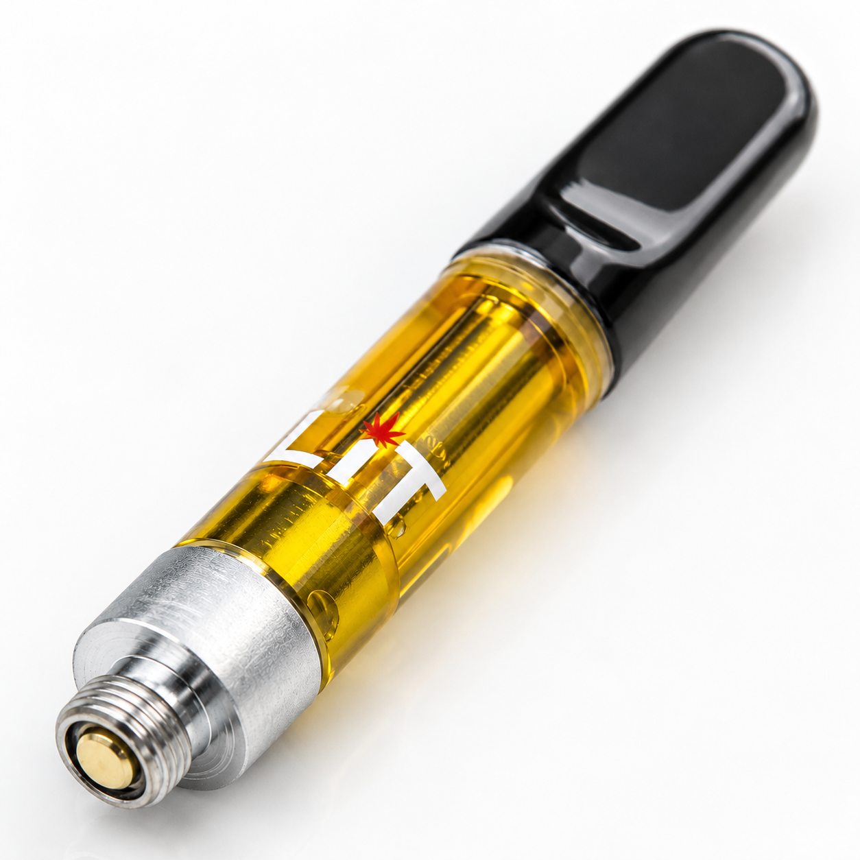 Close photograph of a real LiT cartridge showing its silver 510-threaded base and gold center contact