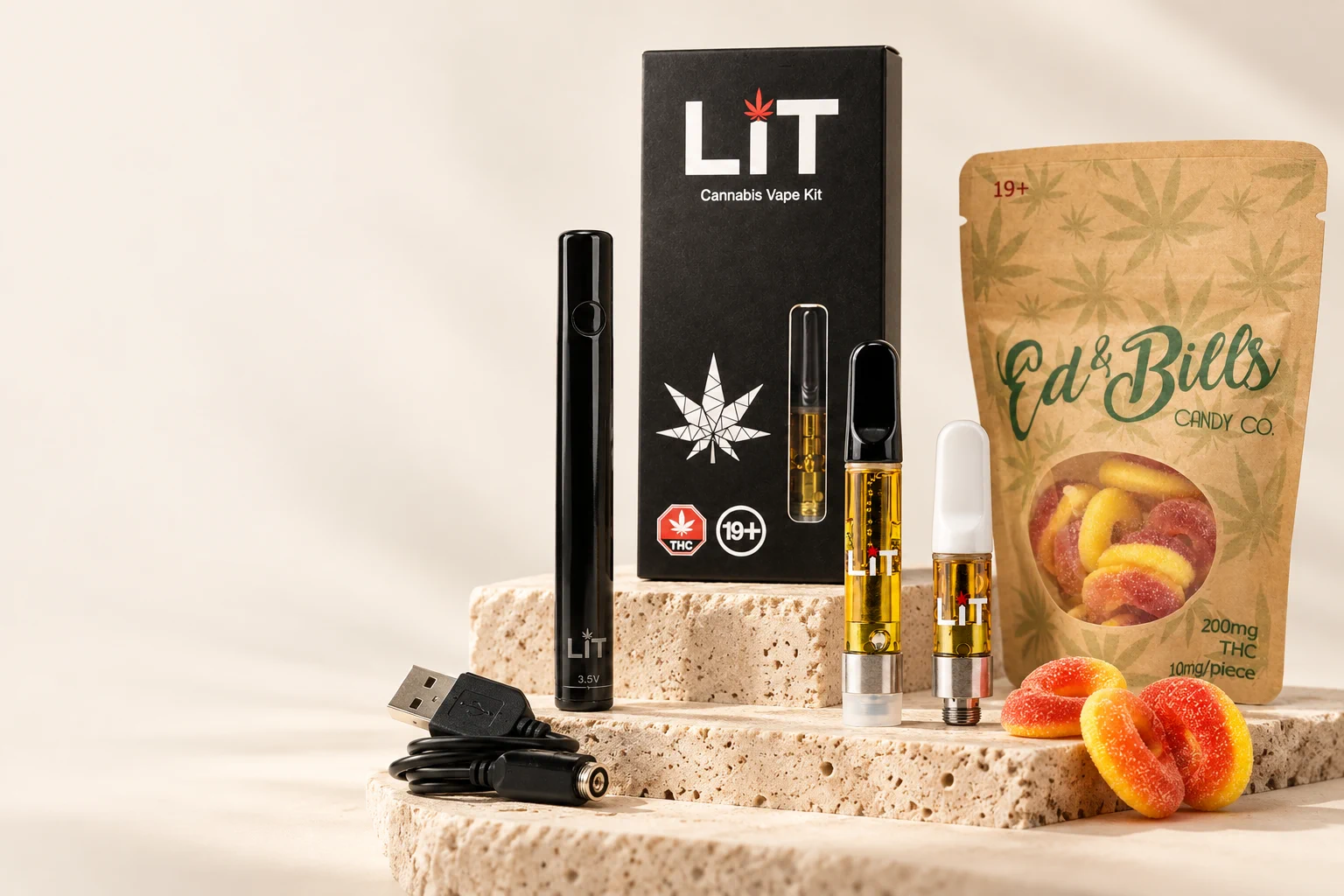 LiT reusable vape pen kit with 500mg and 1000mg THC cartridges and Ed and Bills cannabis edibles